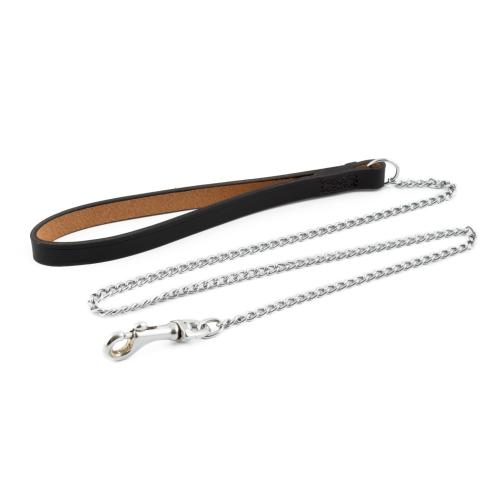Ancol Leather Handle Chain Dog Lead - Fine - Black 36" 87cm