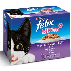 Felix Pouch Multipack 12x100g Kitten Chunks in Jelly (Poultry/Tuna/Trout/Beef)