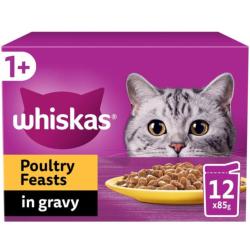 WHISKAS 1+ Cat Pouches Poultry Feasts In Gravy 12 x 85g